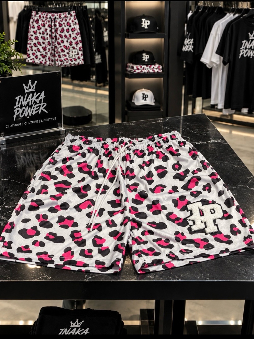 Inaka Power White Pink & Black Leopard Athletic Shorts